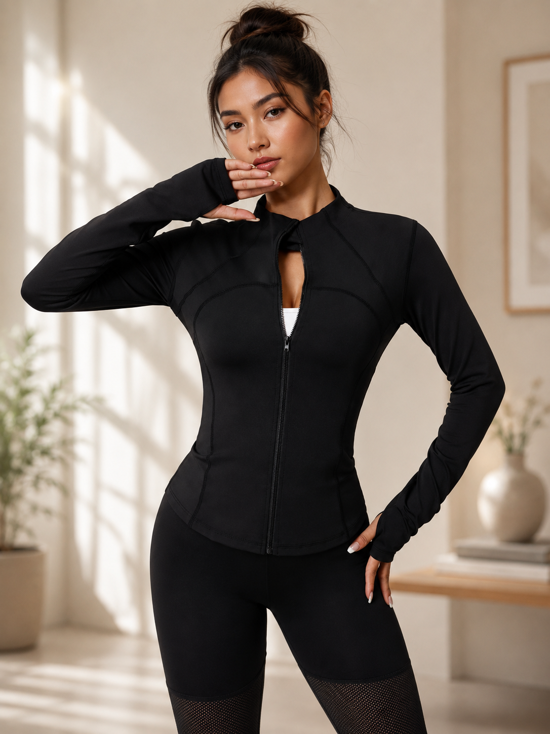Solid Color Zipper Long Sleeve Athletic Jacket